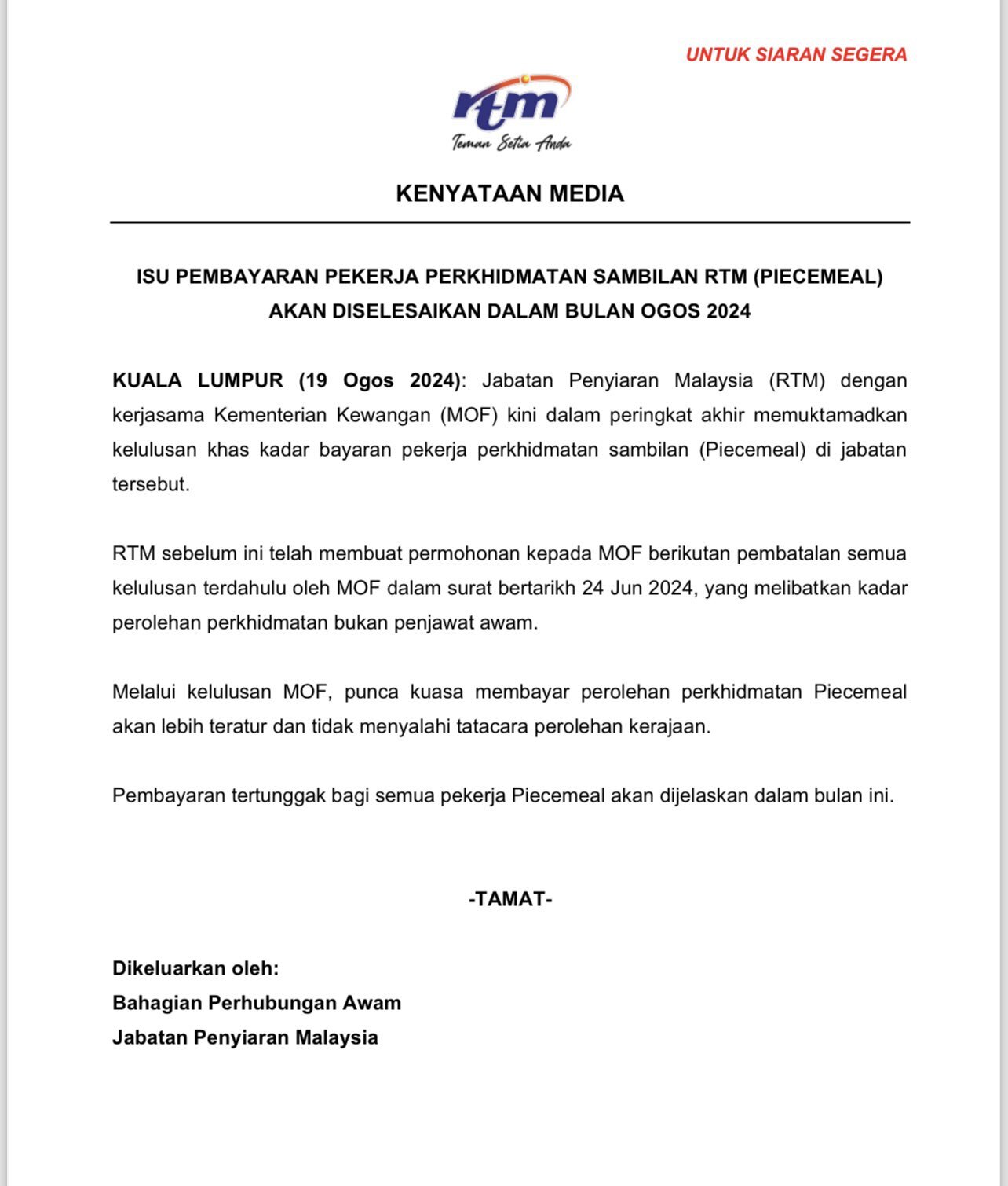 RTM Bakal Selesaikan Gaji Tertunggak Pekerja Sambilan 