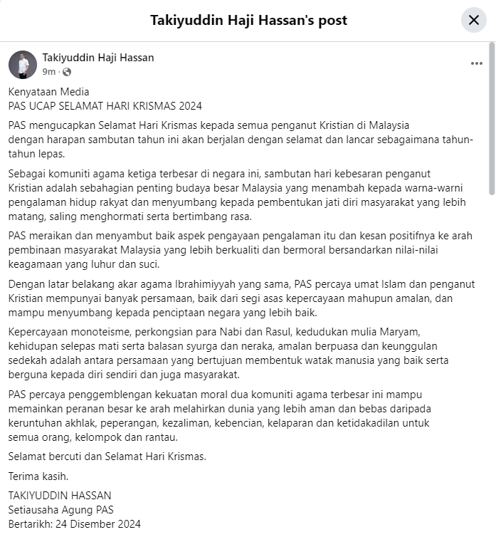 PAS Sampaikan Ucapan Selamat Hari Krismas