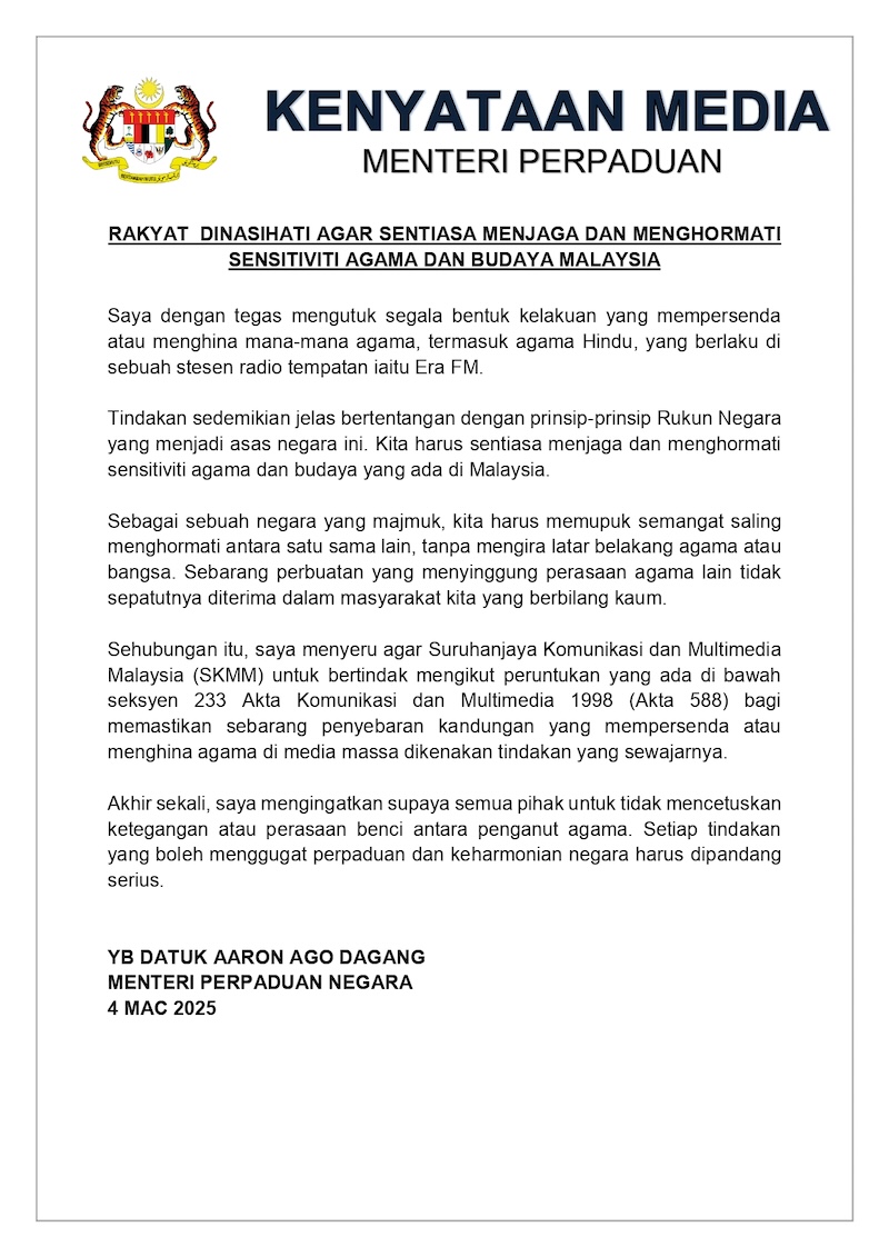 Menteri Perpaduan tegur Era FM