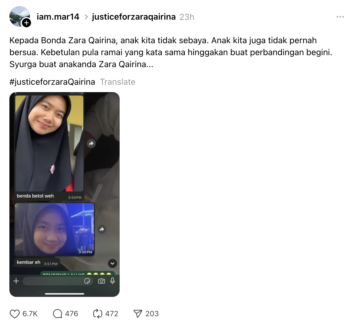mirip arwah Zara Qairina